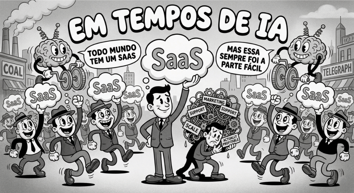 Imagem criada com Gemini ilustrando o título do post "Em tempos de IA todo mundo tem um SaaS mas essa sempre foi a parte fácil."
